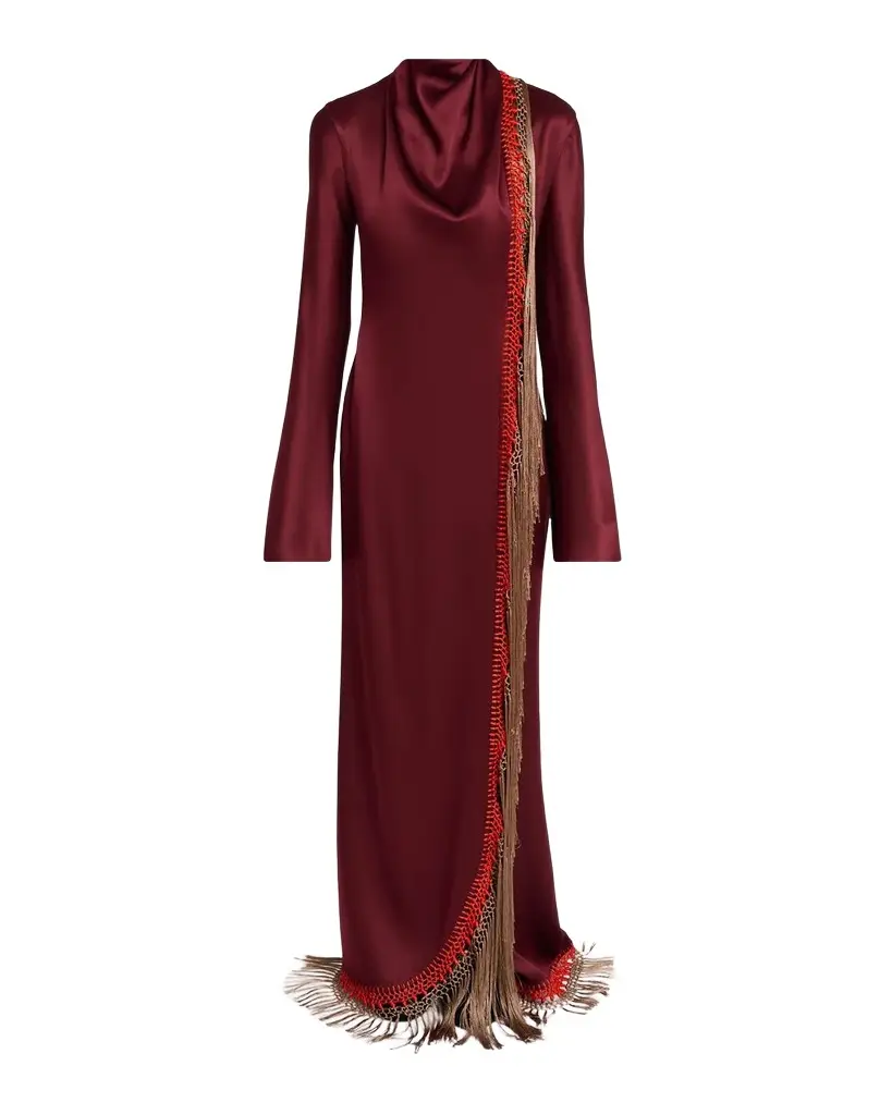 Anne Macrame Fringed Silk Long-Sleeve Maxi Dress Anne Macrame Fringed Silk Long-Sleeve Maxi Dress