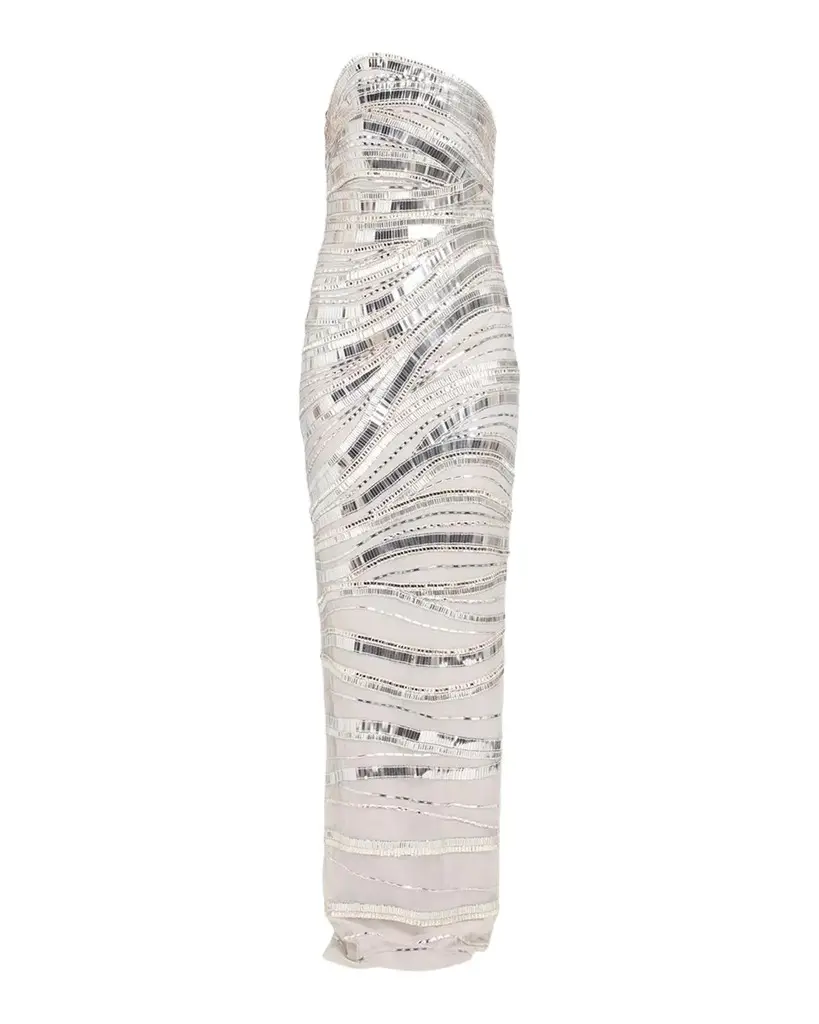 PAMELLA ROLAND Wave Beaded Tulle Strapless Column Gown
