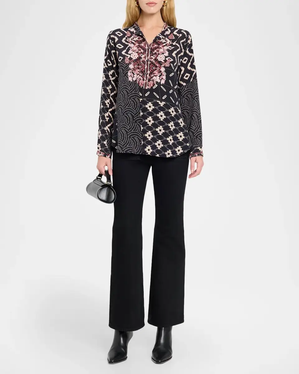 Johnny Was Nya Embroidered Patchwork-Print Silk Shirt | Thumbnail 2 Johnny Was Nya Embroidered Patchwork-Print Silk Shirt | Thumbnail 2
