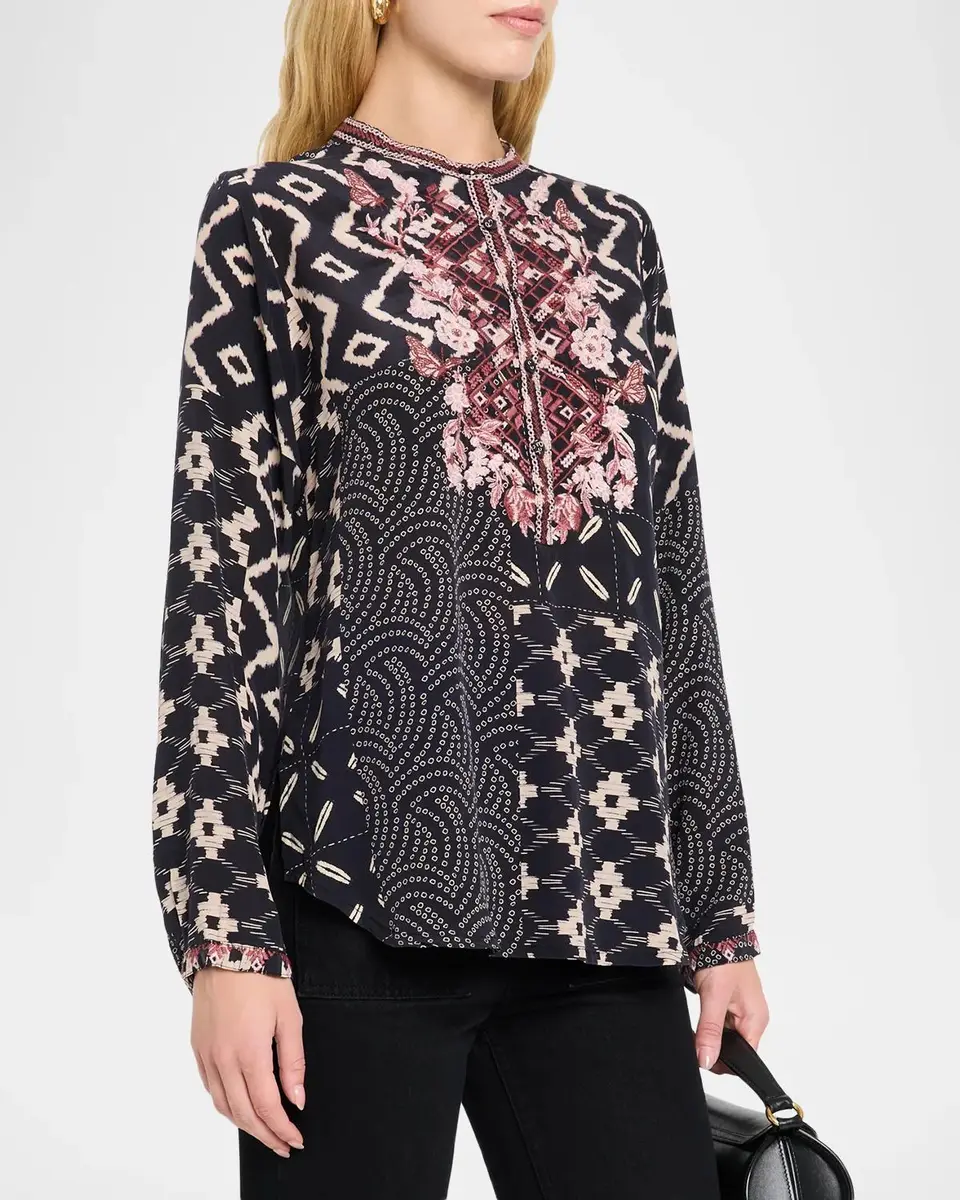 Johnny Was Nya Embroidered Patchwork-Print Silk Shirt | Thumbnail 4 Johnny Was Nya Embroidered Patchwork-Print Silk Shirt | Thumbnail 4