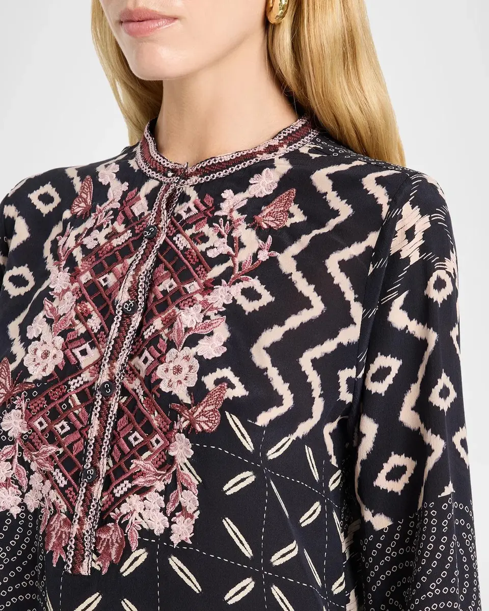 Johnny Was Nya Embroidered Patchwork-Print Silk Shirt | Thumbnail 5 Johnny Was Nya Embroidered Patchwork-Print Silk Shirt | Thumbnail 5