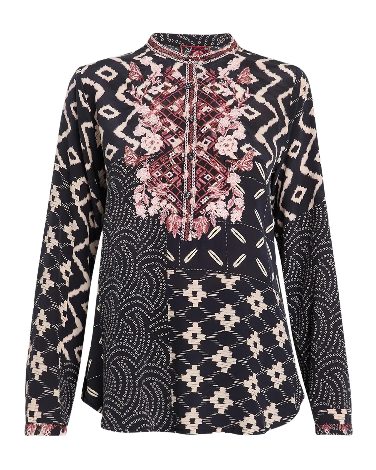 Nya Embroidered Patchwork-Print Silk Shirt Nya Embroidered Patchwork-Print Silk Shirt