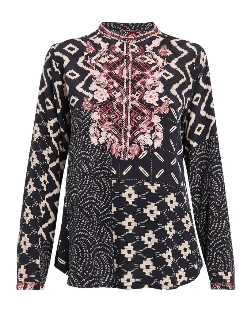 Nya Embroidered Patchwork-Print Silk Shirt