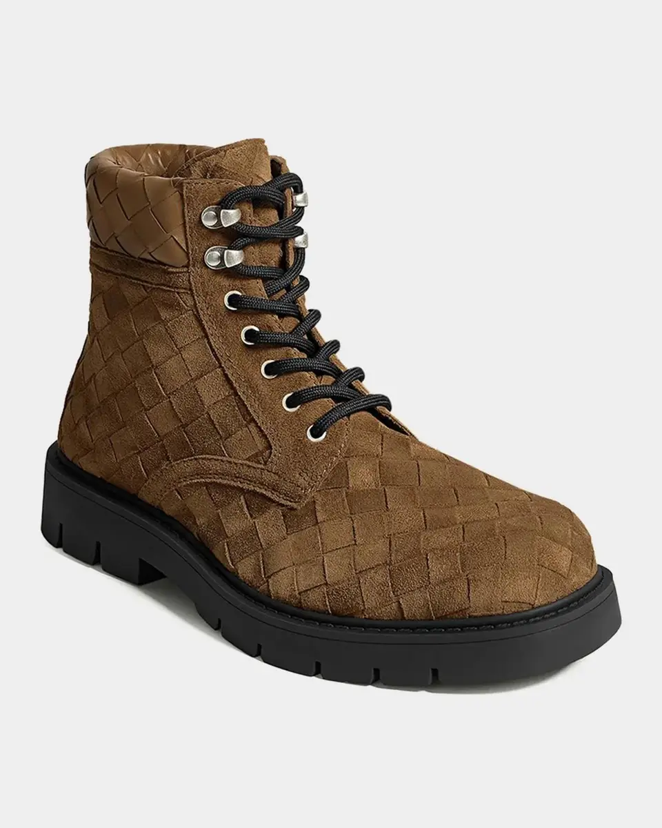 Bottega Veneta Men's Haddock Intrecciato Suede Lace-Up Boots | Thumbnail 2 Bottega Veneta Men's Haddock Intrecciato Suede Lace-Up Boots | Thumbnail 2