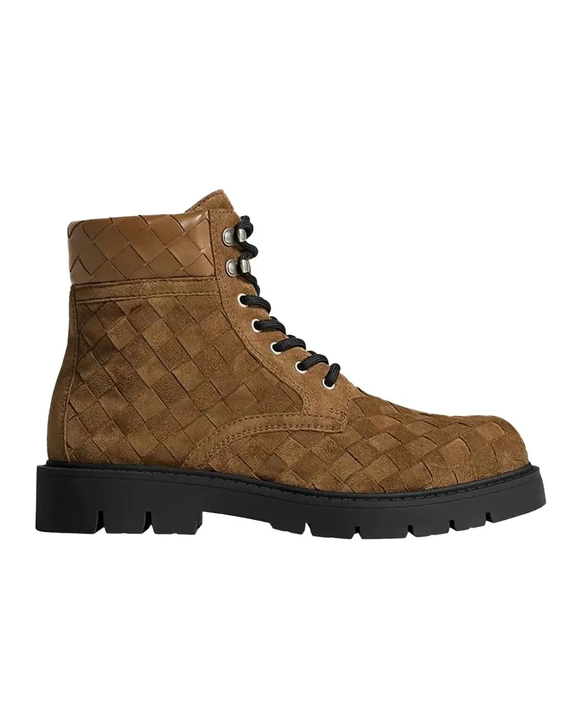 Bottega Veneta Men's Haddock Intrecciato Suede Lace-Up Boots