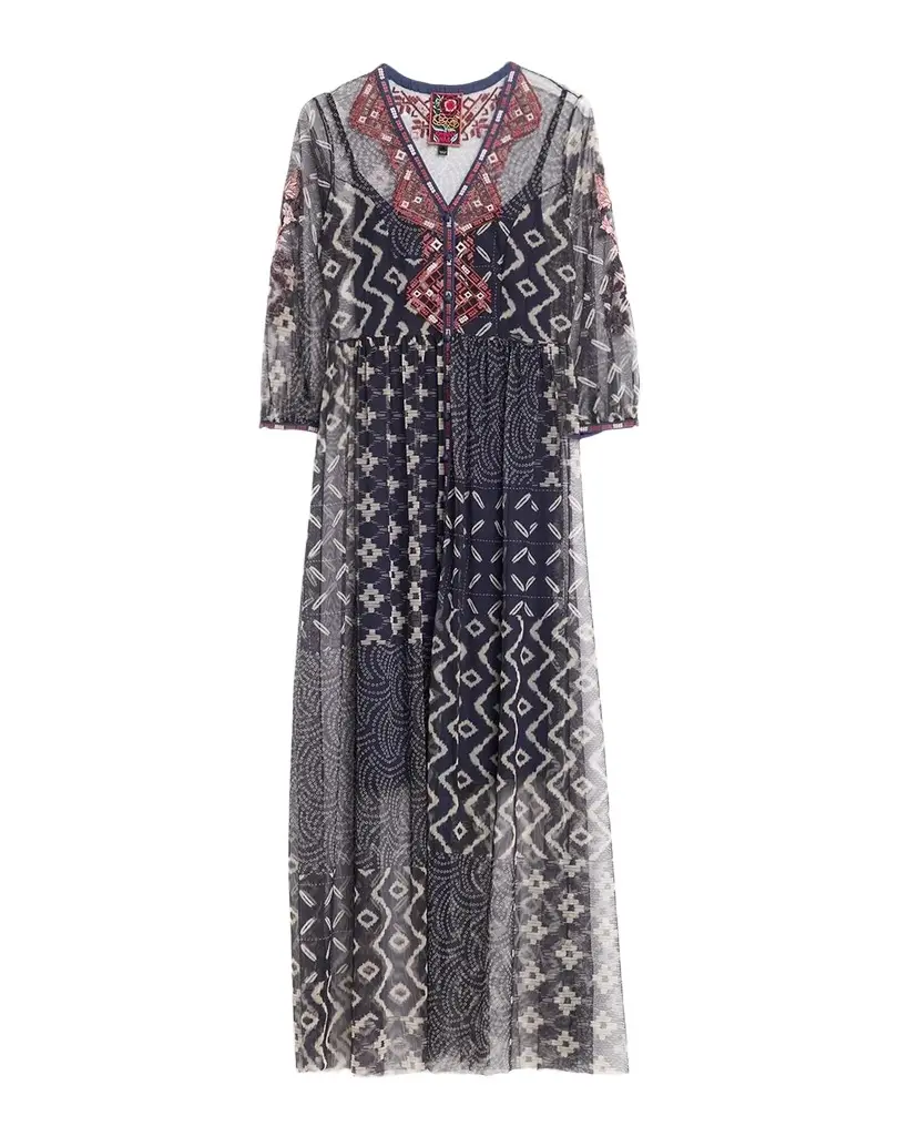 Johnny Was Theia Patchwork-Print Mesh Maxi Dress