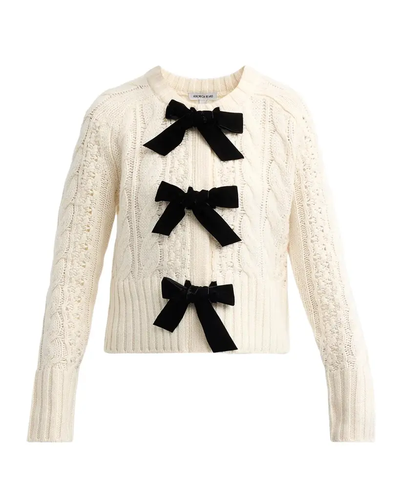 Veronica Beard Christina Cable-Knit Bow Cardigan