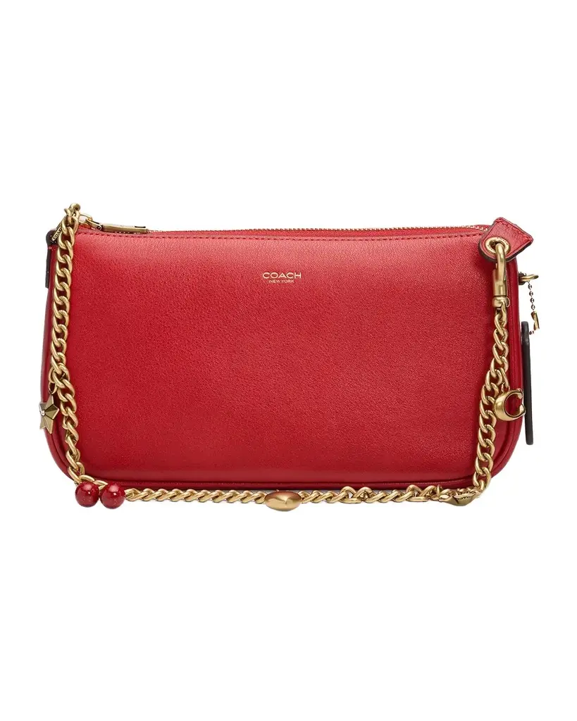 Coach Plaza Leather Shoulder Bag with Charm Chain