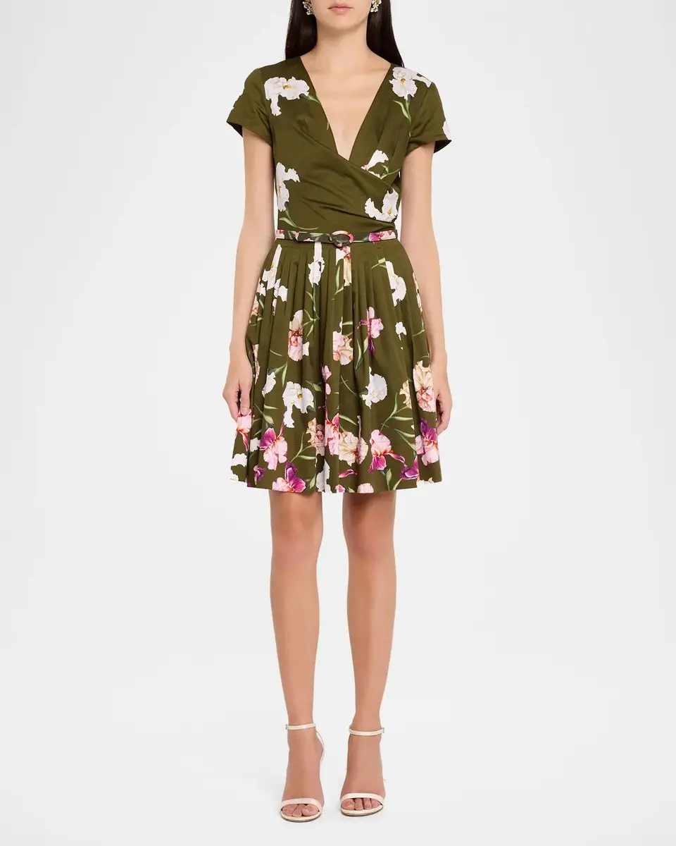 Oscar de la Renta Iris-Print Short-Sleeve Pleated Mini Dress With Belt | Thumbnail 2
