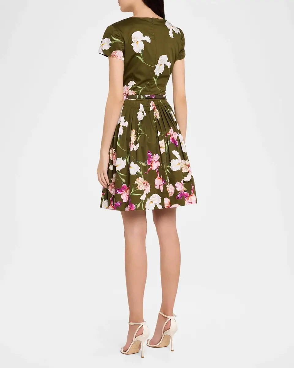 Oscar de la Renta Iris-Print Short-Sleeve Pleated Mini Dress With Belt | Thumbnail 3