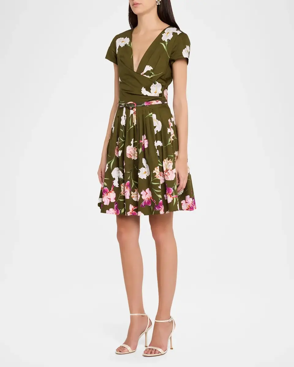 Oscar de la Renta Iris-Print Short-Sleeve Pleated Mini Dress With Belt | Thumbnail 4