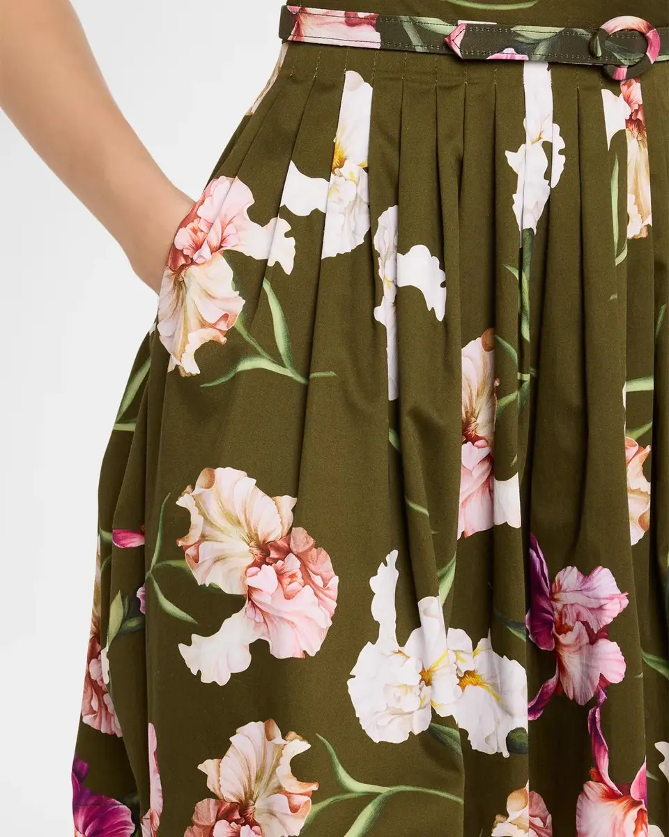 Oscar de la Renta Iris-Print Short-Sleeve Pleated Mini Dress With Belt | Thumbnail 5