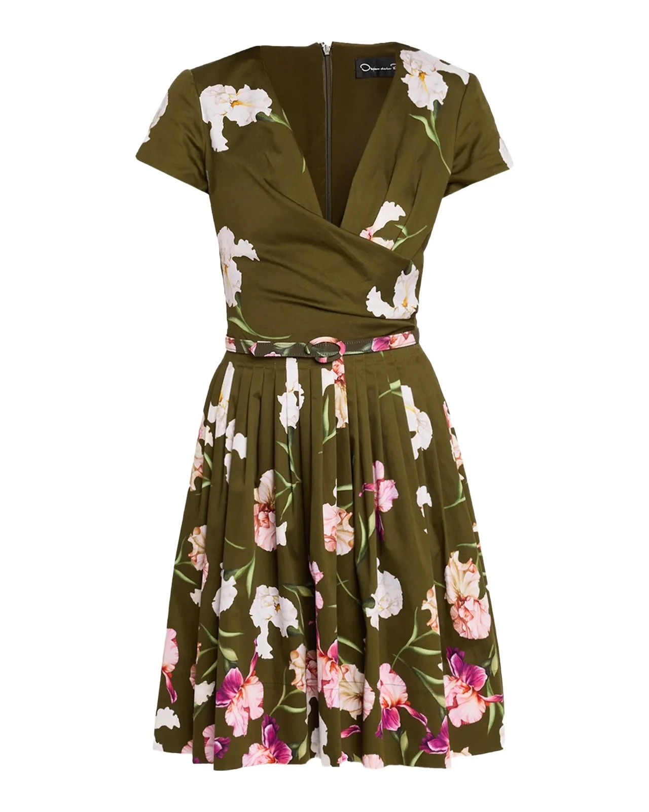 Iris-Print Short-Sleeve Pleated Mini Dress With Belt