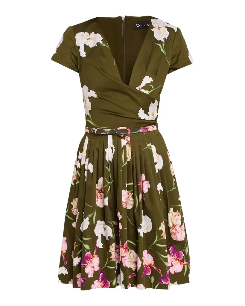 Iris-Print Short-Sleeve Pleated Mini Dress With Belt Iris-Print Short-Sleeve Pleated Mini Dress With Belt