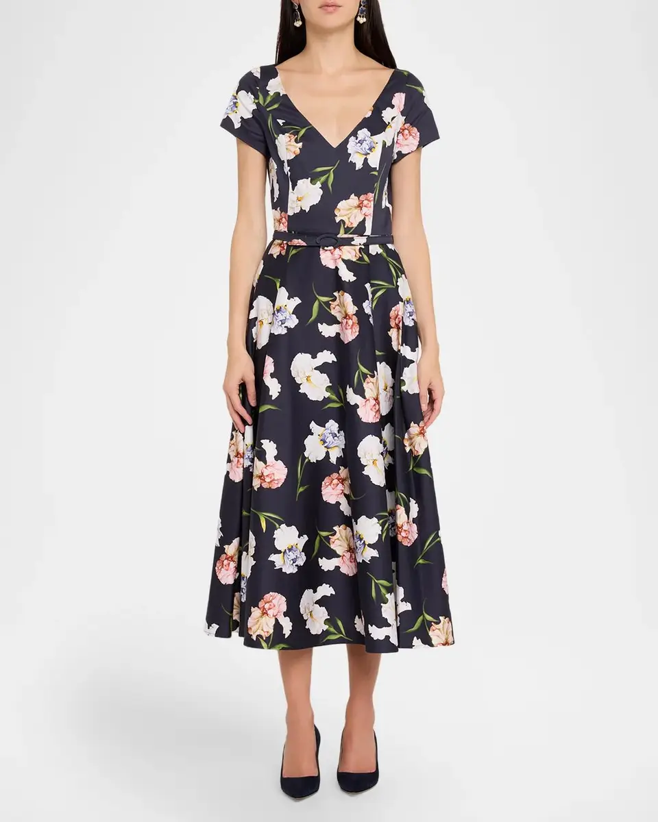 Oscar de la Renta Short-Sleeve Painted Iris Cotton Belted Midi Dress | Thumbnail 2 Oscar de la Renta Short-Sleeve Painted Iris Cotton Belted Midi Dress | Thumbnail 2