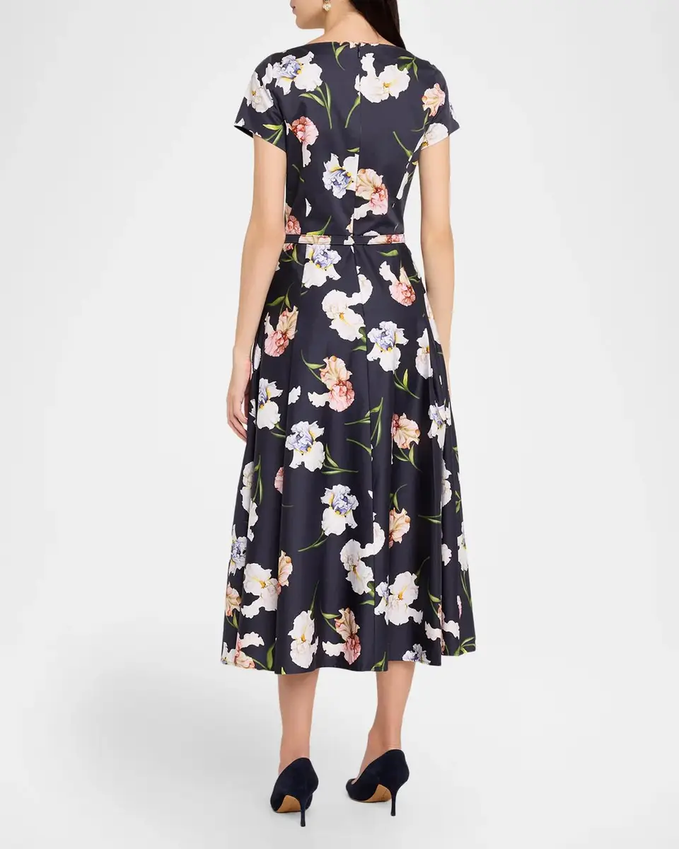 Oscar de la Renta Short-Sleeve Painted Iris Cotton Belted Midi Dress | Thumbnail 3 Oscar de la Renta Short-Sleeve Painted Iris Cotton Belted Midi Dress | Thumbnail 3