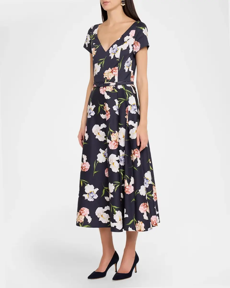Oscar de la Renta Short-Sleeve Painted Iris Cotton Belted Midi Dress | Thumbnail 4 Oscar de la Renta Short-Sleeve Painted Iris Cotton Belted Midi Dress | Thumbnail 4