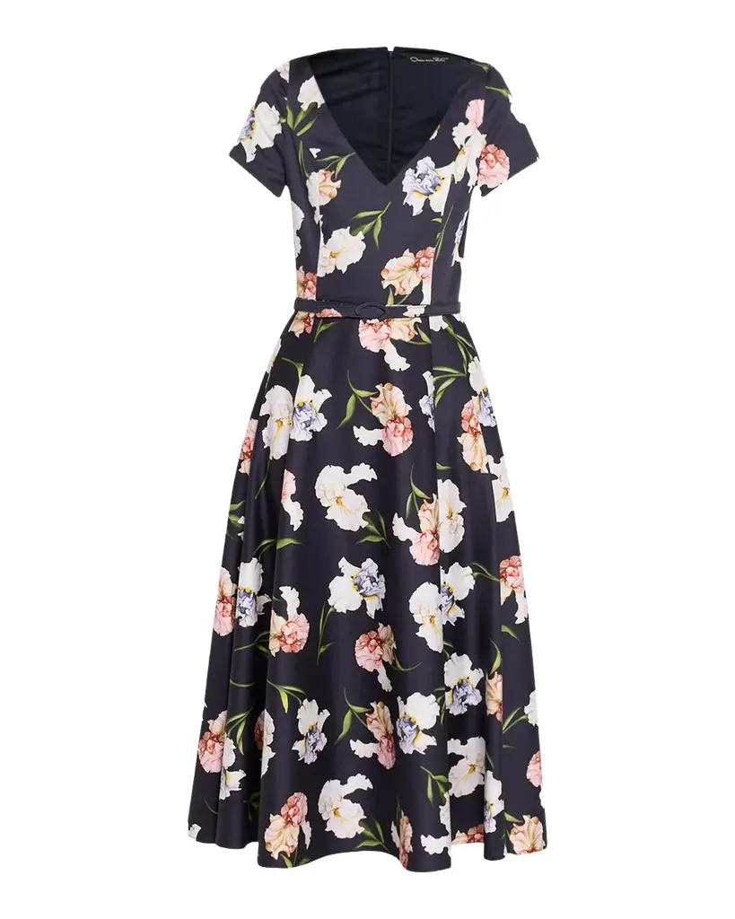 Short-Sleeve Painted Iris Cotton Belted Midi Dress
