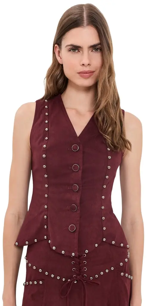Moon River V Neck Button Down Studded Suede Top