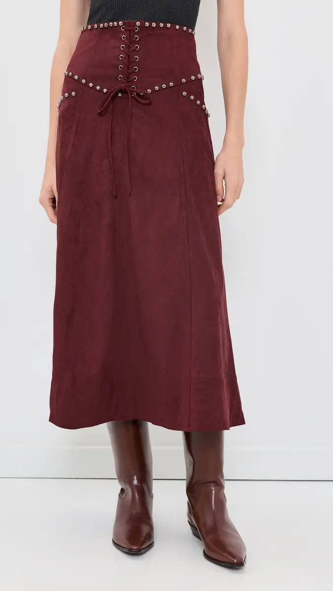 Moon River Studded Front Lace Up Faux Suede Midi Skirt | Thumbnail 2 Moon River Studded Front Lace Up Faux Suede Midi Skirt | Thumbnail 2