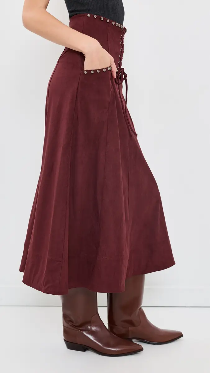 Moon River Studded Front Lace Up Faux Suede Midi Skirt | Thumbnail 4 Moon River Studded Front Lace Up Faux Suede Midi Skirt | Thumbnail 4