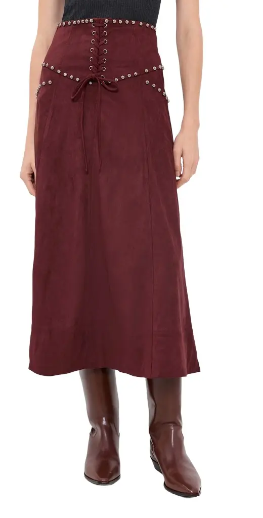 Moon River Studded Front Lace Up Faux Suede Midi Skirt