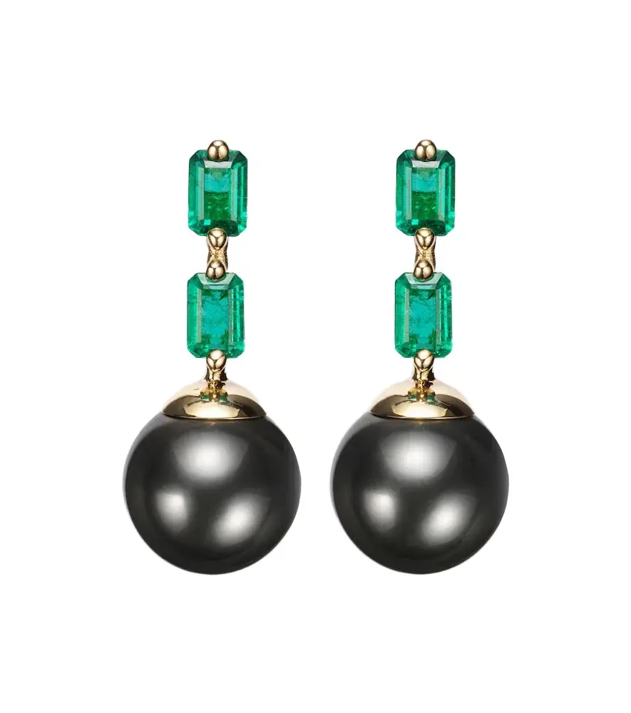 Suzanne Kalan 18kt gold drop earrings with pearls and emeralds