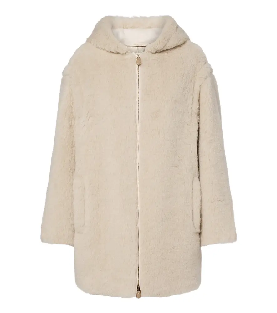 Hooded alpaca, wool, and silk zip-up coat