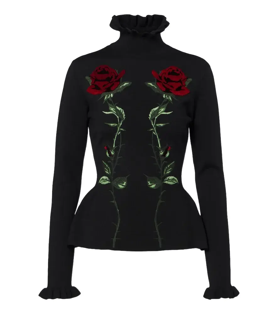 Embroidered ruffled virgin wool sweater Embroidered ruffled virgin wool sweater