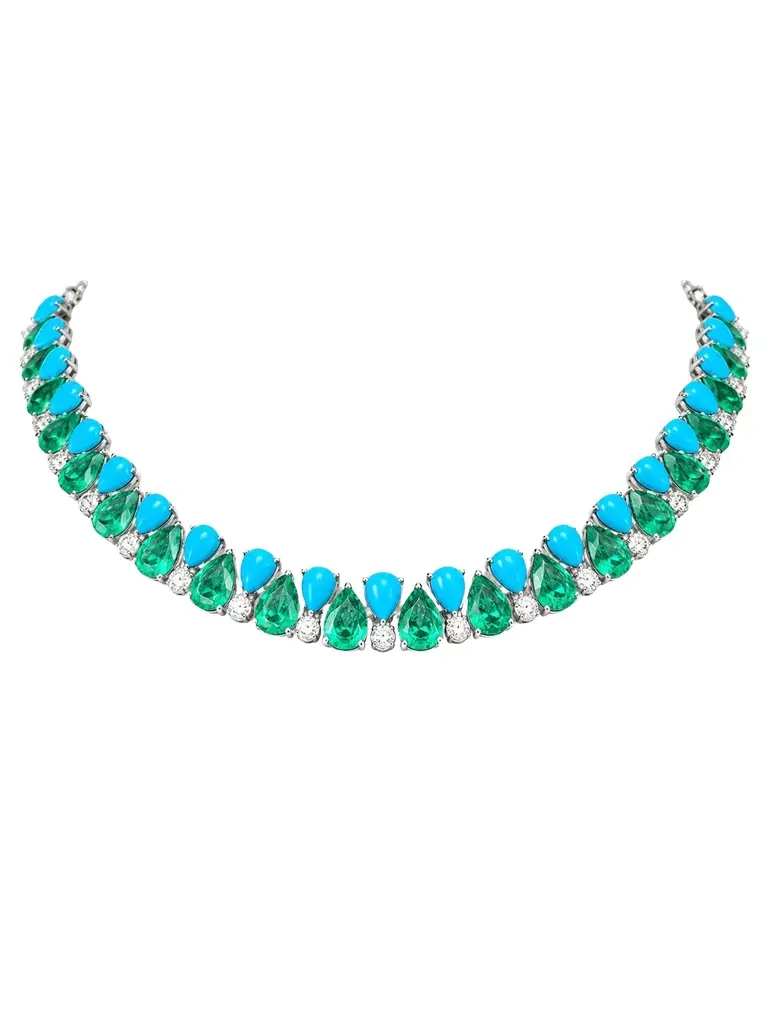 Wish Fine Jewelry 28.59ct Turquoise Emerald Diamond 18K Gold Statement Necklace