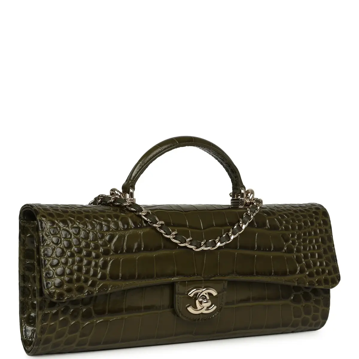 Chanel Chanel Long Top Handle Clutch with Chain Khaki Croc Embossed Calfskin Gold Hardware | Thumbnail 2 Chanel Chanel Long Top Handle Clutch with Chain Khaki Croc Embossed Calfskin Gold Hardware | Thumbnail 2