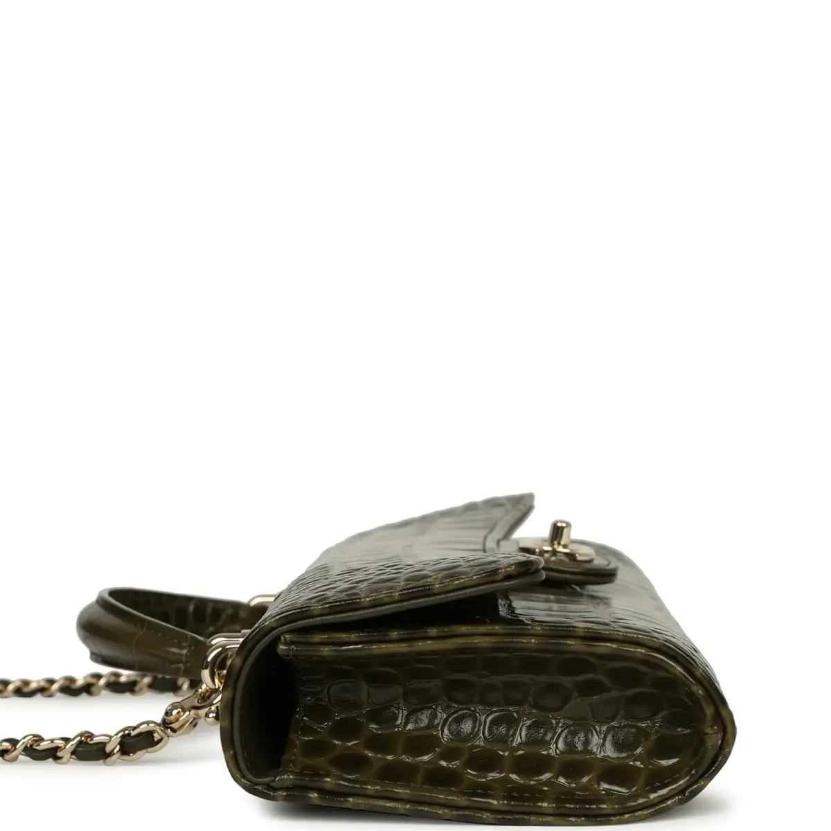 Chanel Chanel Long Top Handle Clutch with Chain Khaki Croc Embossed Calfskin Gold Hardware | Thumbnail 3 Chanel Chanel Long Top Handle Clutch with Chain Khaki Croc Embossed Calfskin Gold Hardware | Thumbnail 3