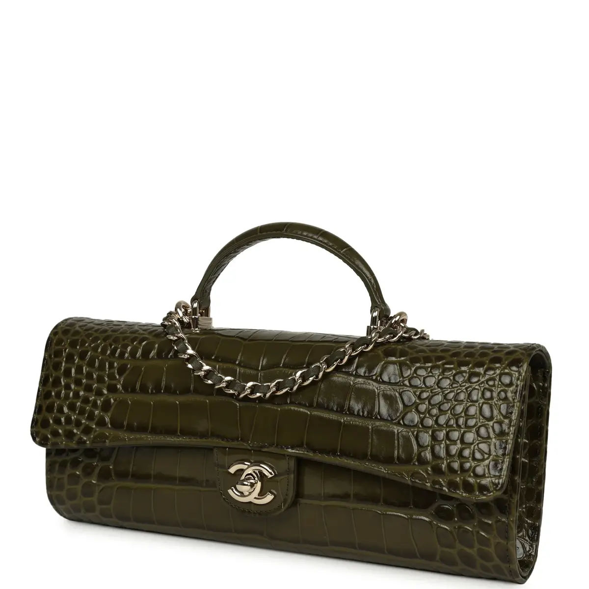 Chanel Chanel Long Top Handle Clutch with Chain Khaki Croc Embossed Calfskin Gold Hardware | Thumbnail 5 Chanel Chanel Long Top Handle Clutch with Chain Khaki Croc Embossed Calfskin Gold Hardware | Thumbnail 5