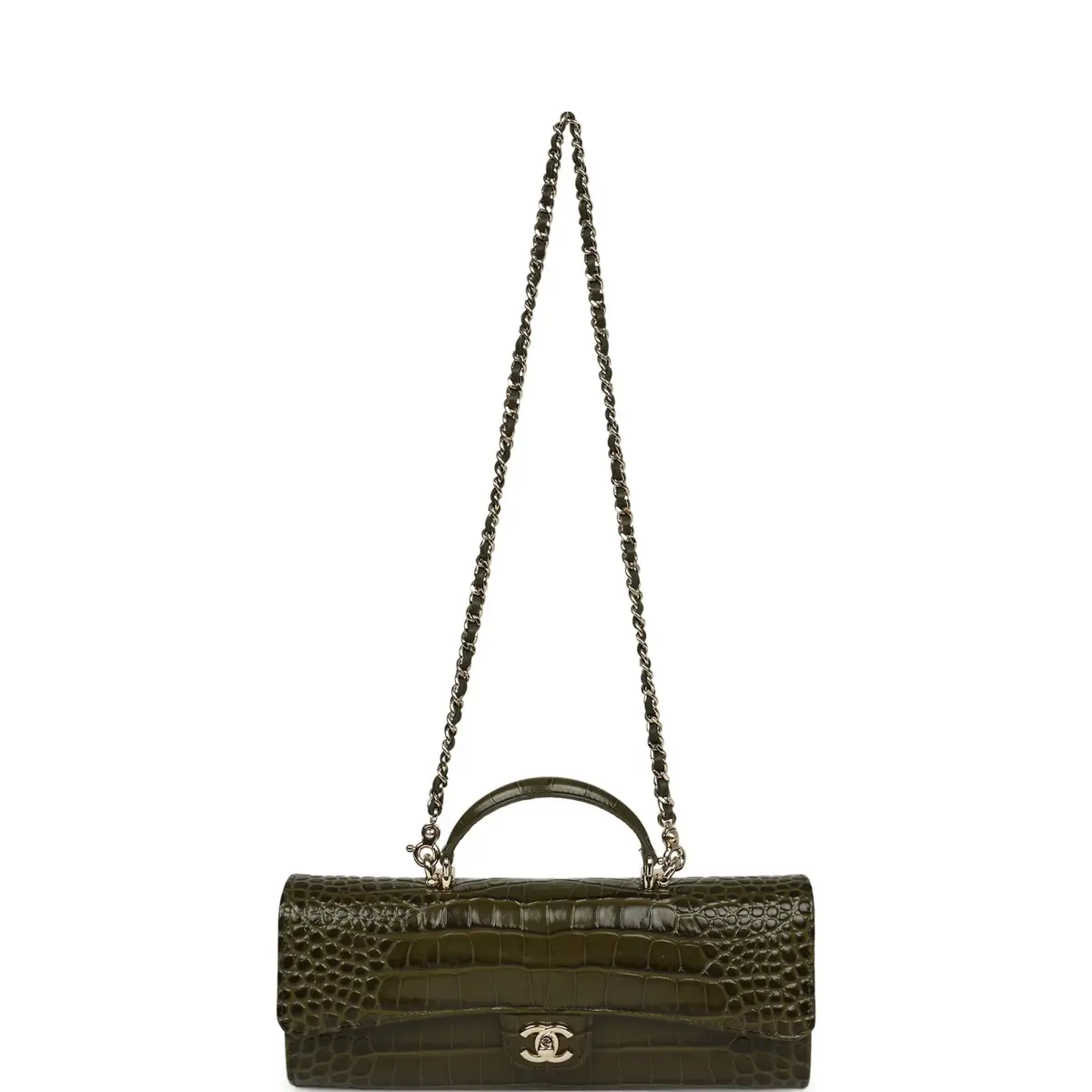 Chanel Chanel Long Top Handle Clutch with Chain Khaki Croc Embossed Calfskin Gold Hardware | Thumbnail 6 Chanel Chanel Long Top Handle Clutch with Chain Khaki Croc Embossed Calfskin Gold Hardware | Thumbnail 6
