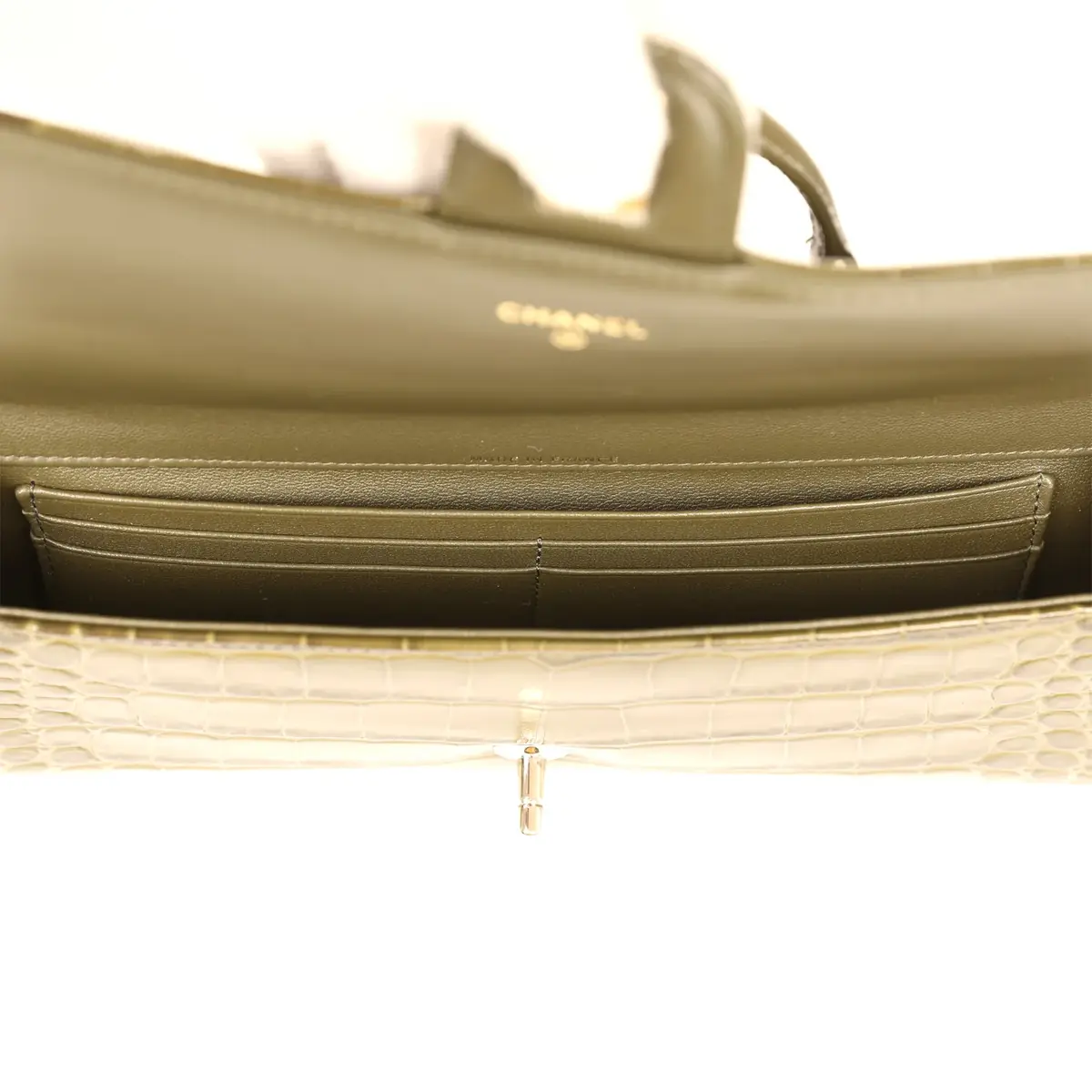Chanel Chanel Long Top Handle Clutch with Chain Khaki Croc Embossed Calfskin Gold Hardware | Thumbnail 9 Chanel Chanel Long Top Handle Clutch with Chain Khaki Croc Embossed Calfskin Gold Hardware | Thumbnail 9