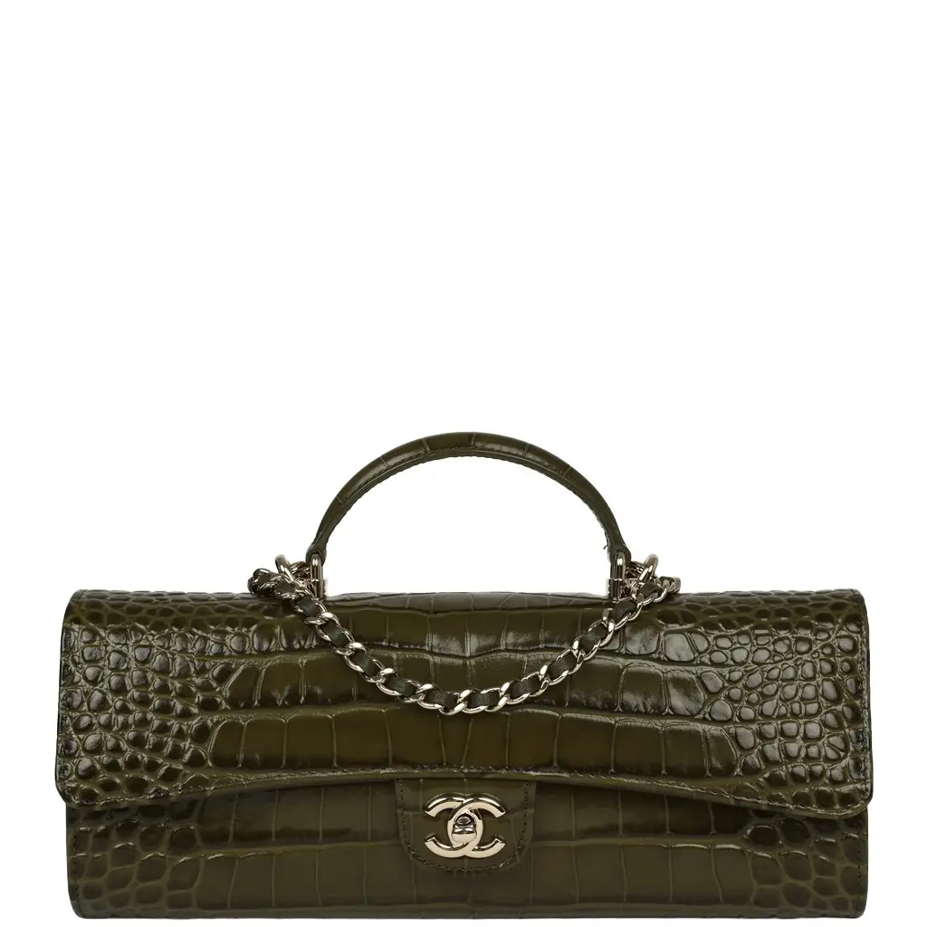 Chanel Long Top Handle Clutch with Chain Khaki Croc Embossed Calfskin Gold Hardware