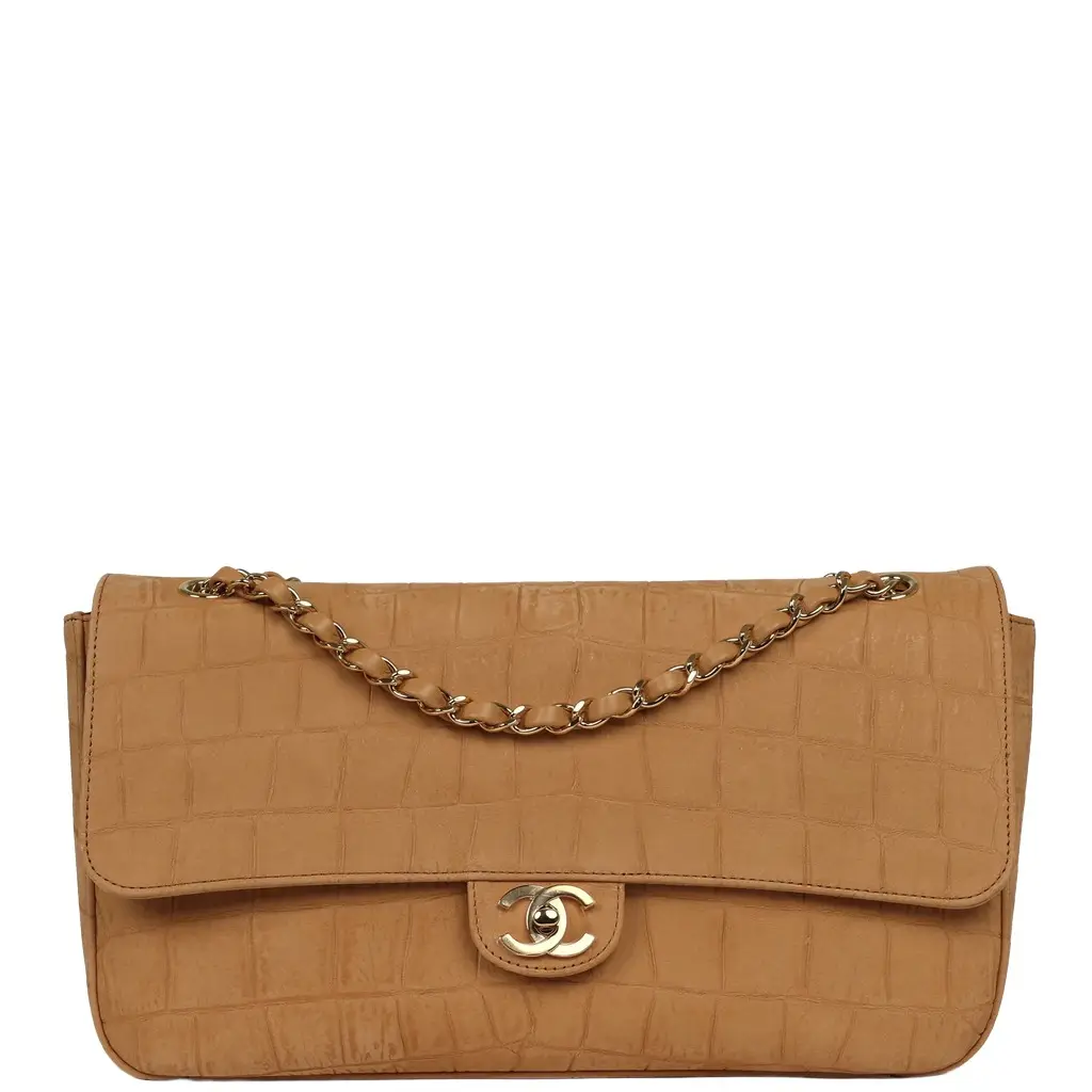 Chanel Maxi "Souplissimo" Small Flap Bag Camel Croc Embossed Suede Gold Hardware Chanel Maxi "Souplissimo" Small Flap Bag Camel Croc Embossed Suede Gold Hardware