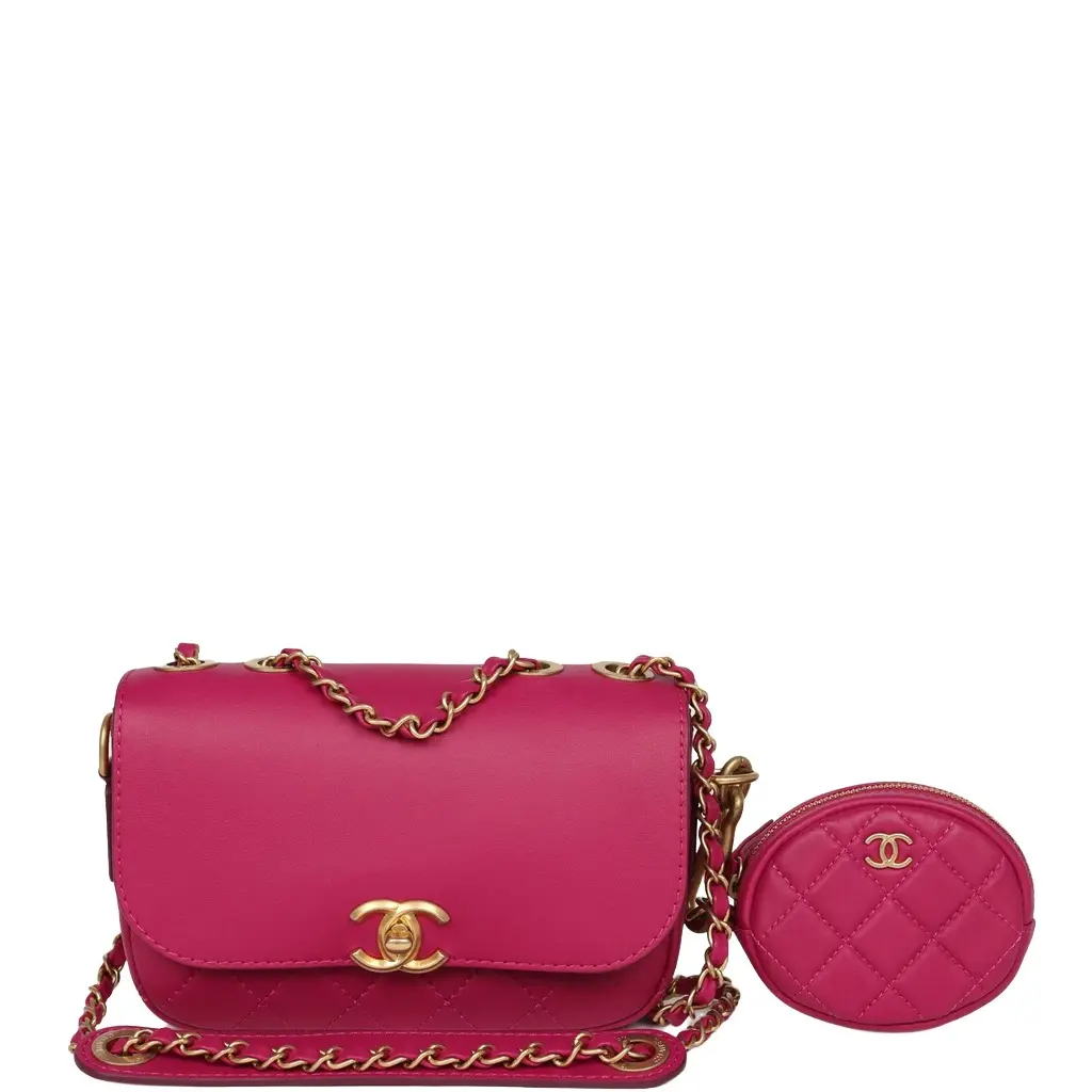 Chanel Mini Flap Bag with Round Coin Pouch Fuchsia Calfskin Antique Gold Hardware Chanel Mini Flap Bag with Round Coin Pouch Fuchsia Calfskin Antique Gold Hardware