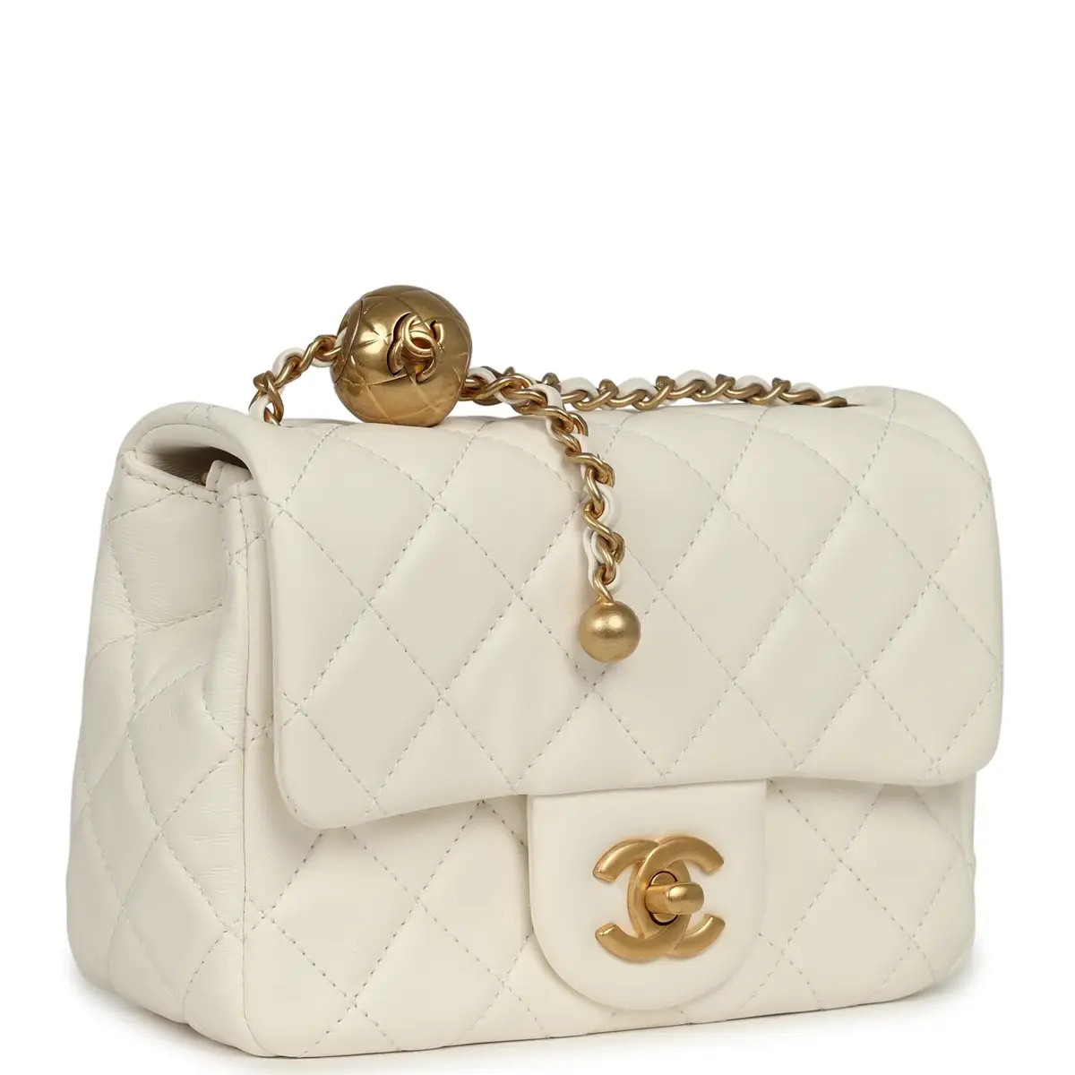 Chanel Chanel Mini Square Pearl Crush Flap Bag White Lambskin Antique Gold Hardware | Thumbnail 2 Chanel Chanel Mini Square Pearl Crush Flap Bag White Lambskin Antique Gold Hardware | Thumbnail 2