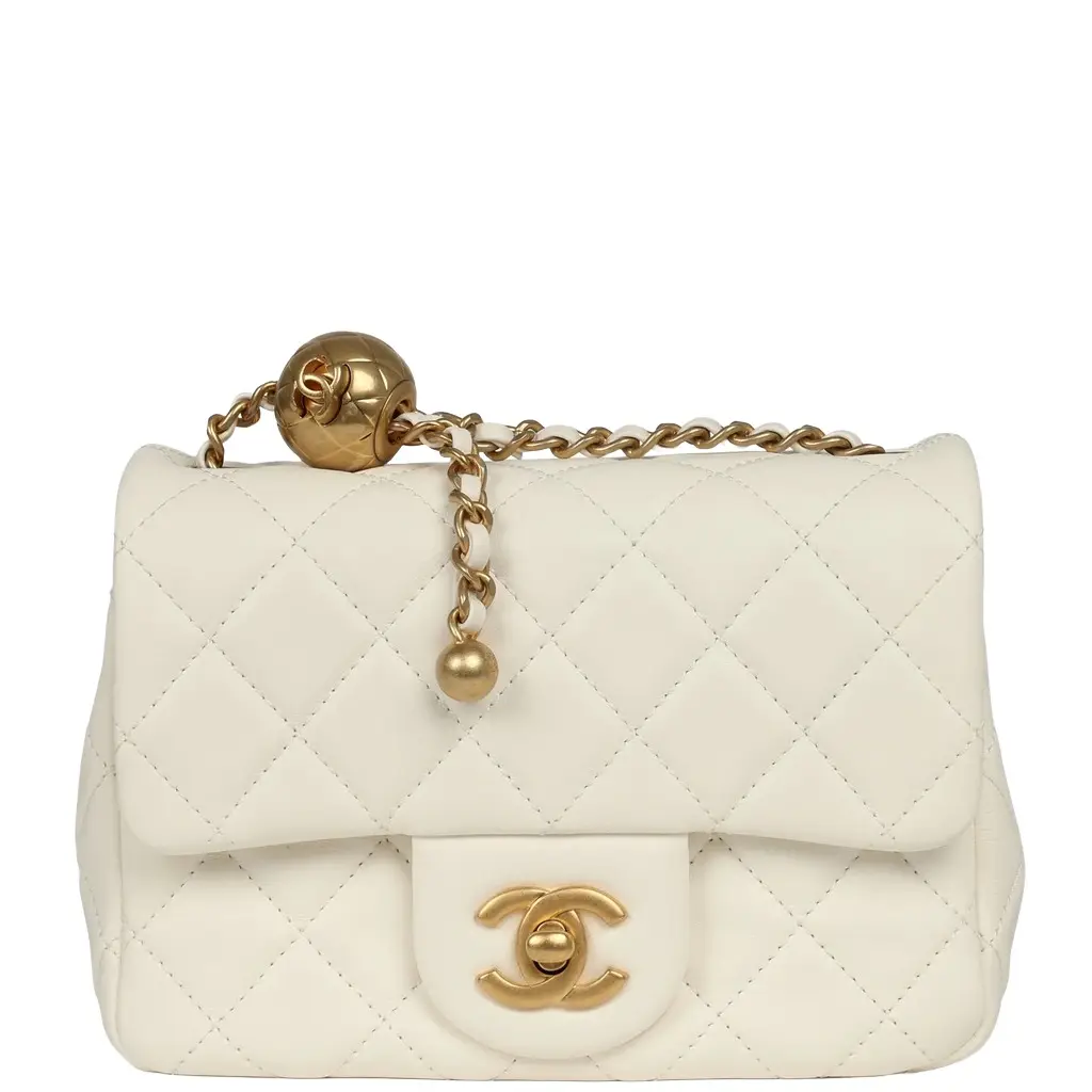 Chanel Mini Square Pearl Crush Flap Bag White Lambskin Antique Gold Hardware Chanel Mini Square Pearl Crush Flap Bag White Lambskin Antique Gold Hardware