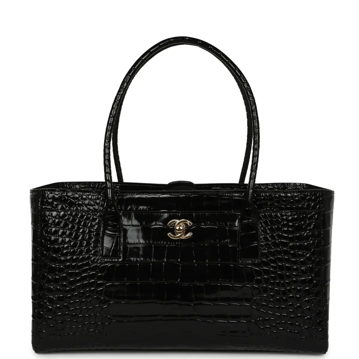 Chanel Small Cerf Shopping Bag Black Croc Embossed Calfskin Gold Hardware