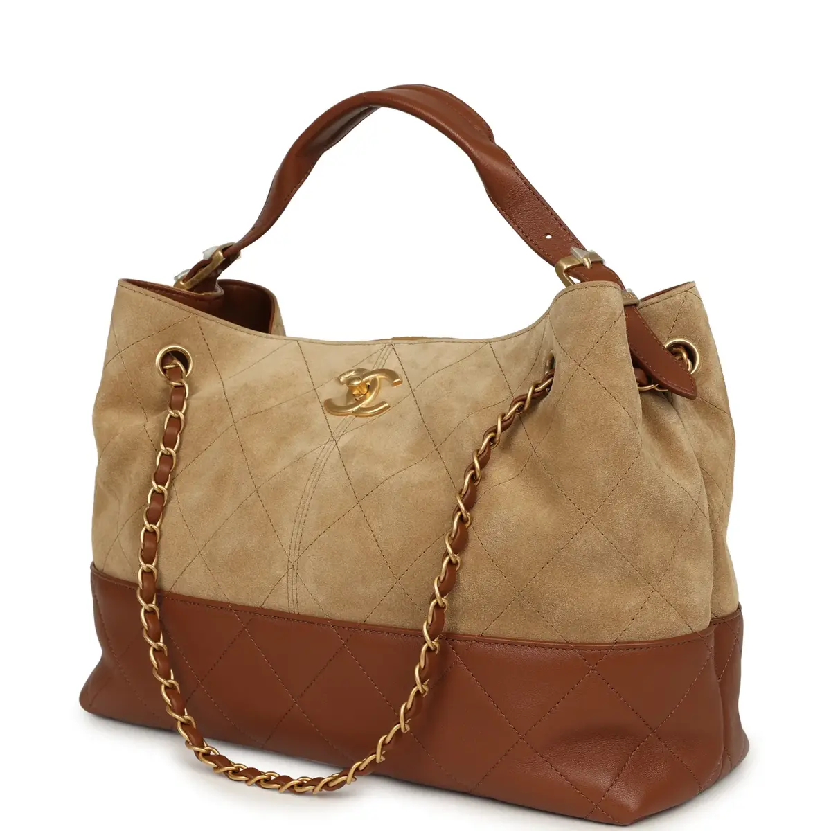 Chanel Chanel Small Coco Base Hobo Bag Beige Suede, Camel Lambskin Brushed Gold Hardware | Thumbnail 5 Chanel Chanel Small Coco Base Hobo Bag Beige Suede, Camel Lambskin Brushed Gold Hardware | Thumbnail 5