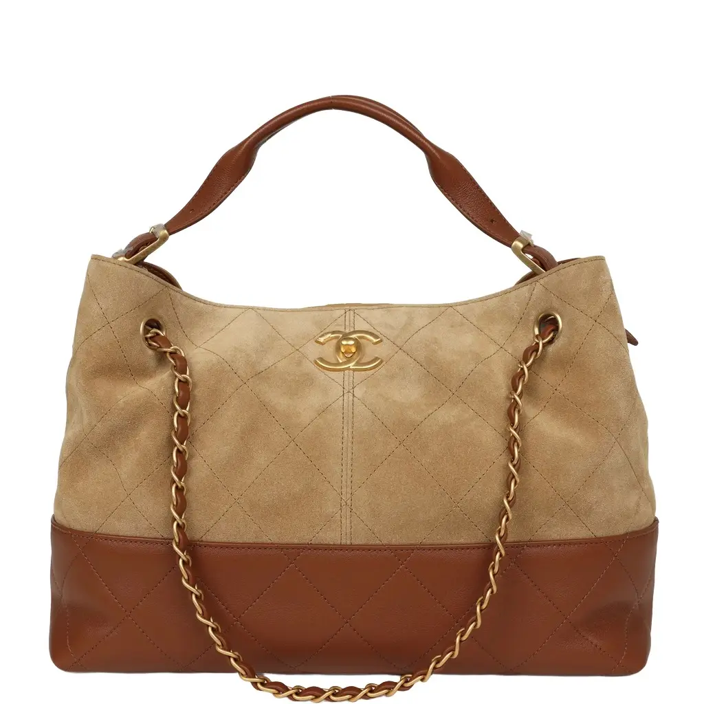 Chanel Small Coco Base Hobo Bag Beige Suede, Camel Lambskin Brushed Gold Hardware Chanel Small Coco Base Hobo Bag Beige Suede, Camel Lambskin Brushed Gold Hardware