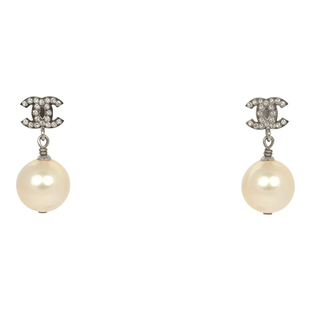Chanel Small Crystal CC Pearl Drop Earrings White Faux Pearl, Silver Tone Hardware Chanel Small Crystal CC Pearl Drop Earrings White Faux Pearl, Silver Tone Hardware
