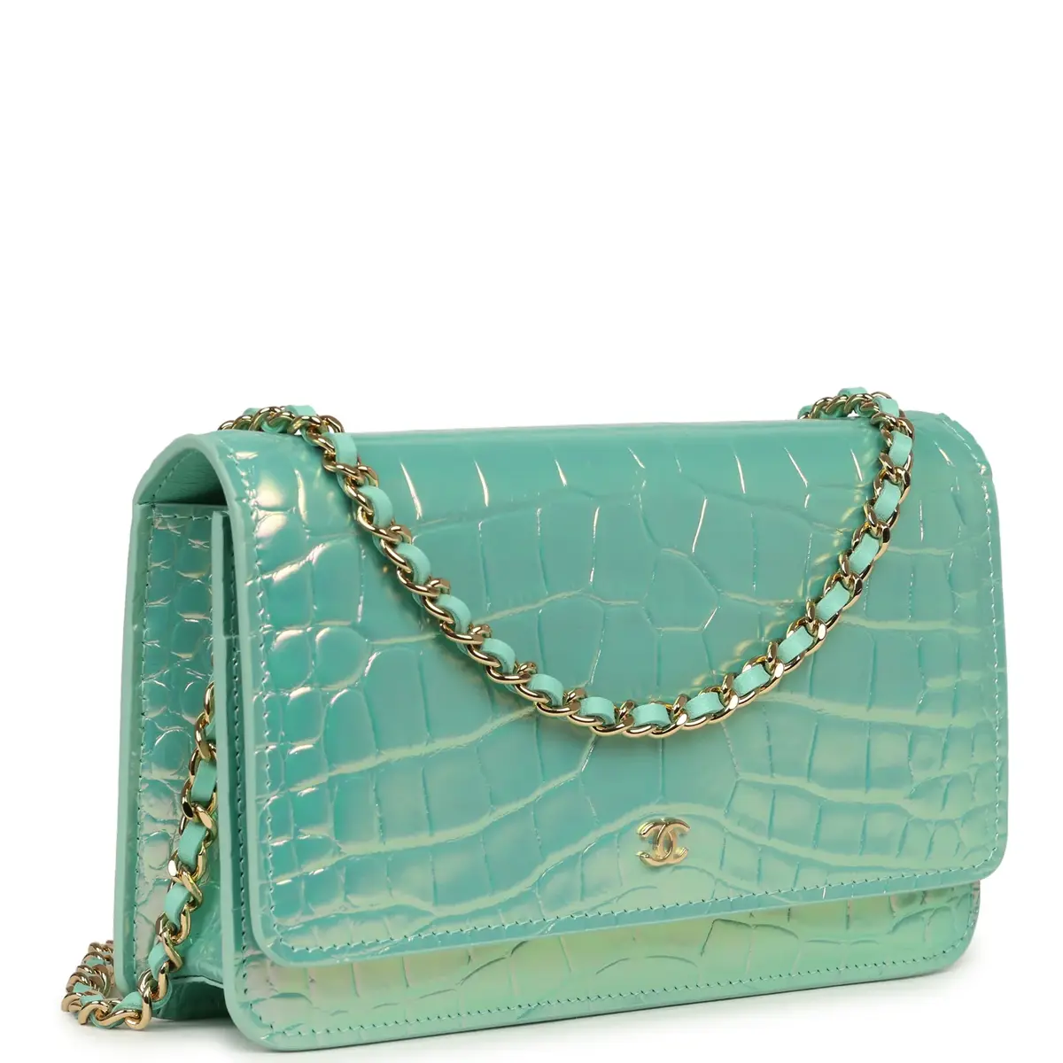Chanel Chanel Wallet on Chain WOC Turquoise Iridescent Croc Embossed Calfskin Gold Hardware | Thumbnail 2
