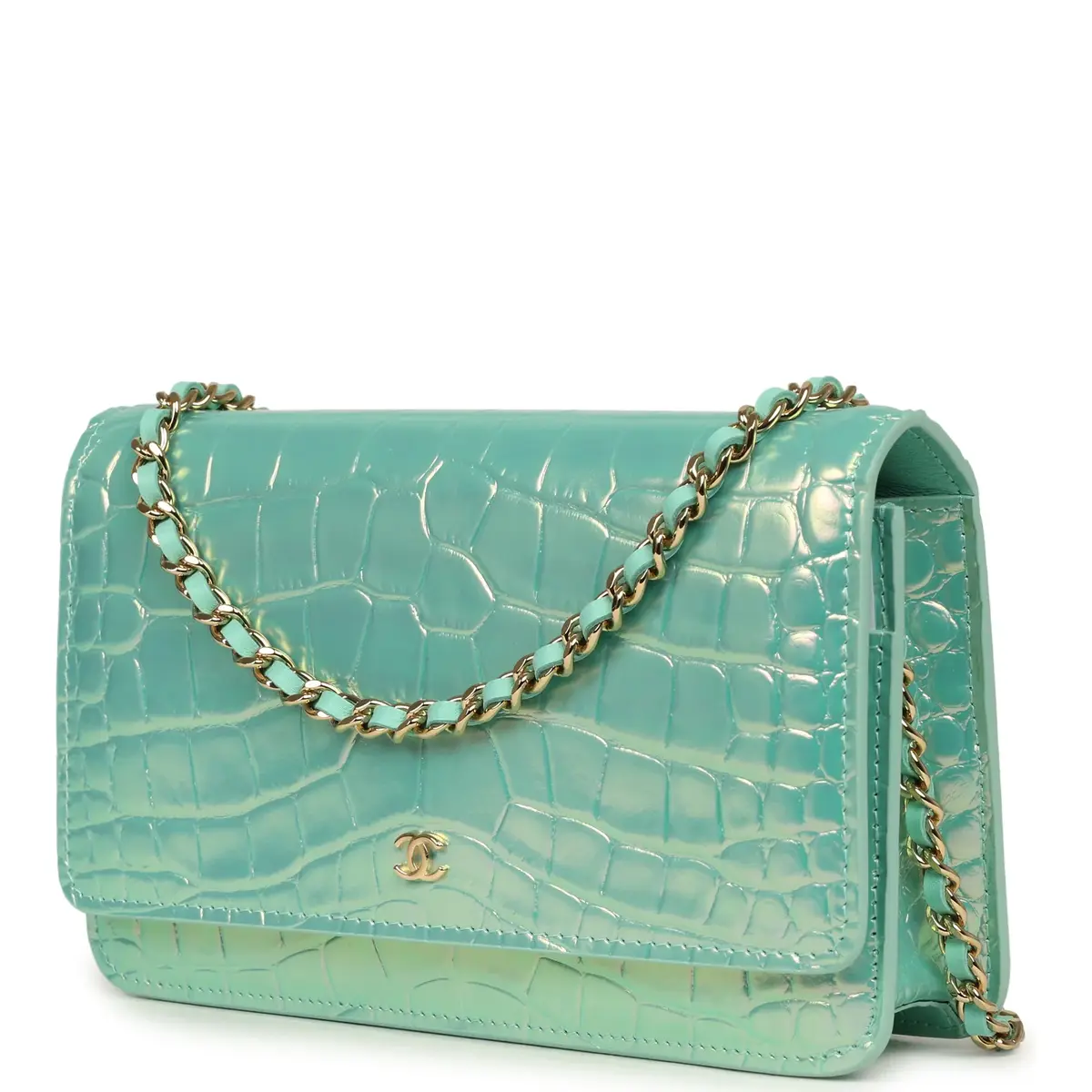 Chanel Chanel Wallet on Chain WOC Turquoise Iridescent Croc Embossed Calfskin Gold Hardware | Thumbnail 5