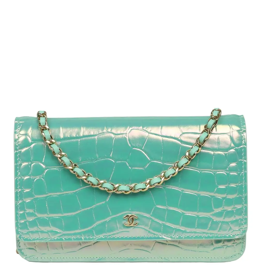 Chanel Wallet on Chain WOC Turquoise Iridescent Croc Embossed Calfskin Gold Hardware Chanel Wallet on Chain WOC Turquoise Iridescent Croc Embossed Calfskin Gold Hardware