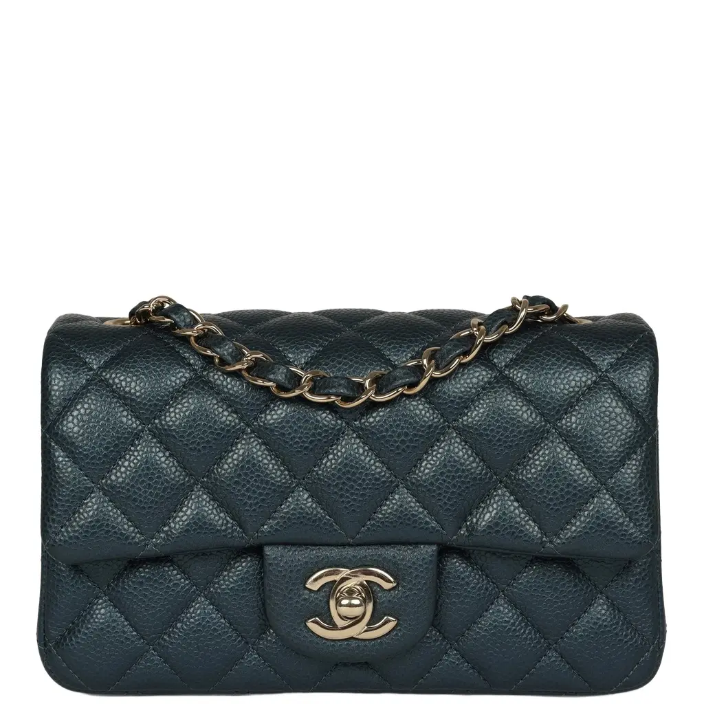 Pre-owned Chanel Mini Classic Rectangular Flap Bag Blue Iridescent Caviar Light Gold Hardware Pre-owned Chanel Mini Classic Rectangular Flap Bag Blue Iridescent Caviar Light Gold Hardware