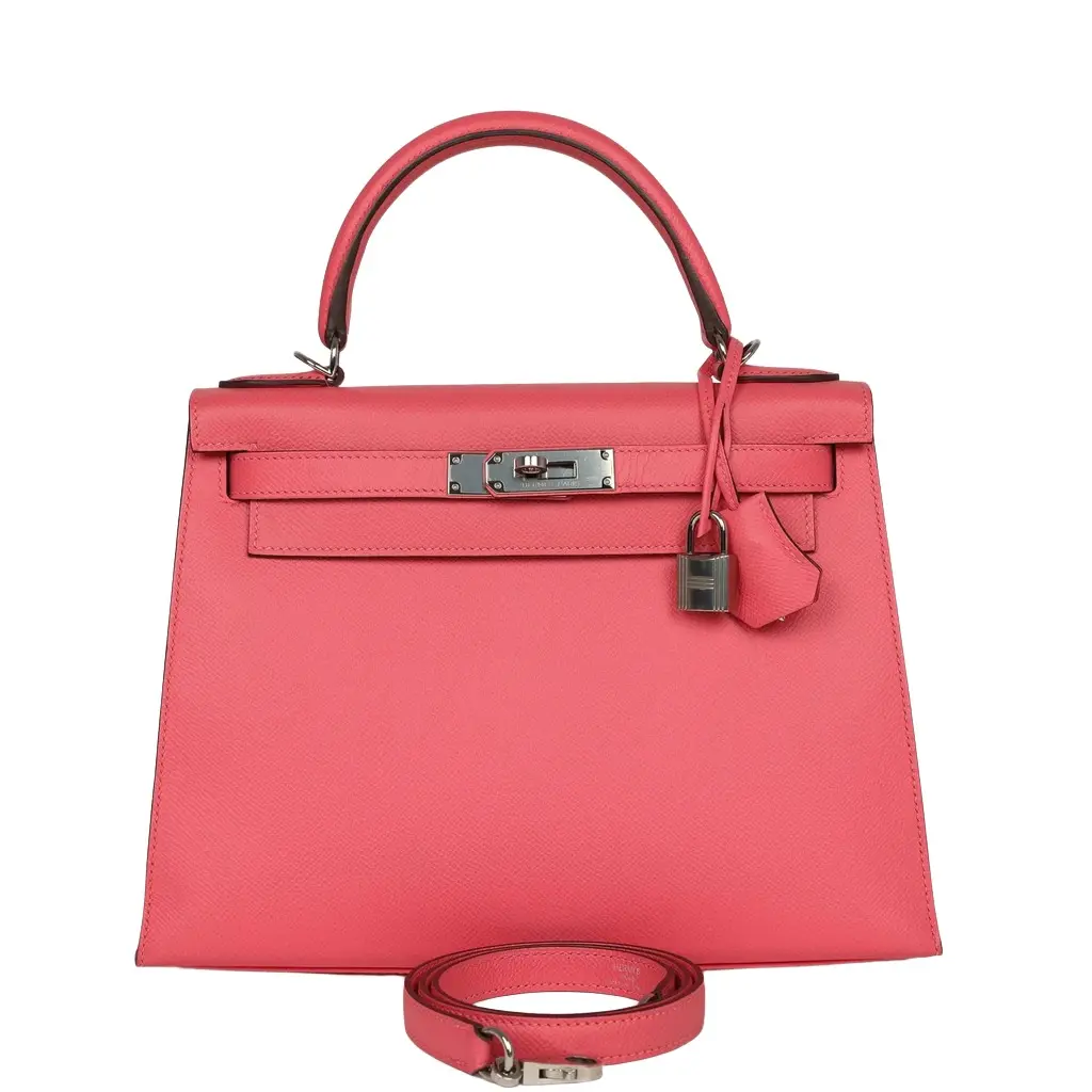 Pre-owned Hermes Kelly Sellier 28 Rose Azalee Epsom Palladium Hardware Pre-owned Hermes Kelly Sellier 28 Rose Azalee Epsom Palladium Hardware