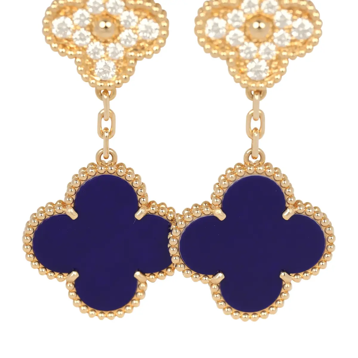 Van Cleef & Arpels Van Cleef & Arpels "Vendome" Magic Alhambra 3 Motif Earrings Blue Sevres Porcelain, Diamonds, 18K Yellow Gold | Thumbnail 4 Van Cleef & Arpels Van Cleef & Arpels "Vendome" Magic Alhambra 3 Motif Earrings Blue Sevres Porcelain, Diamonds, 18K Yellow Gold | Thumbnail 4